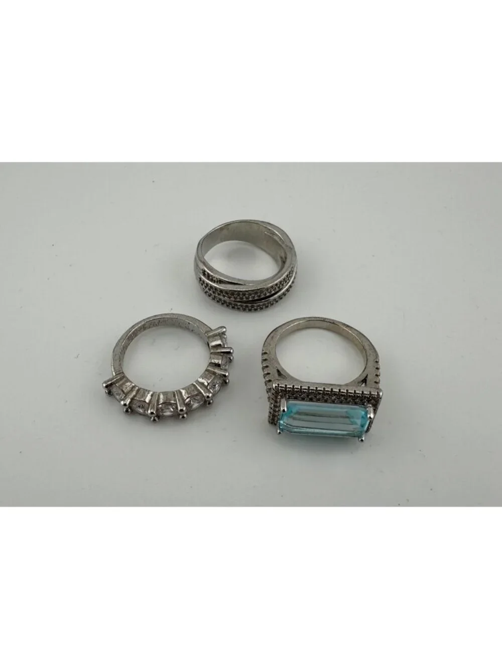 Statement Stackable Emerald Cut Aqua Zincon Silver-Tone Rings Size 6